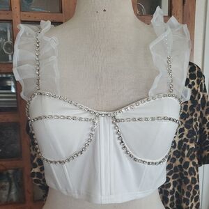 Elegant White Rhinestone Embellished Crop Top